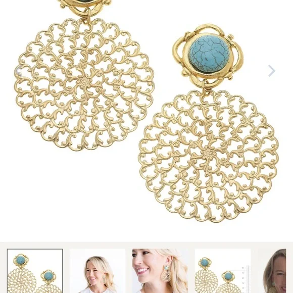 Susan Shaw Elegant Gold and Turquoise Filigree Earrings - Picture 2 of 10